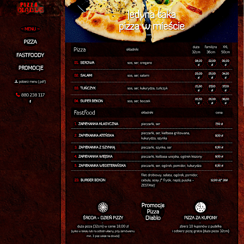 Strona one page HTML menu dla pizzerii